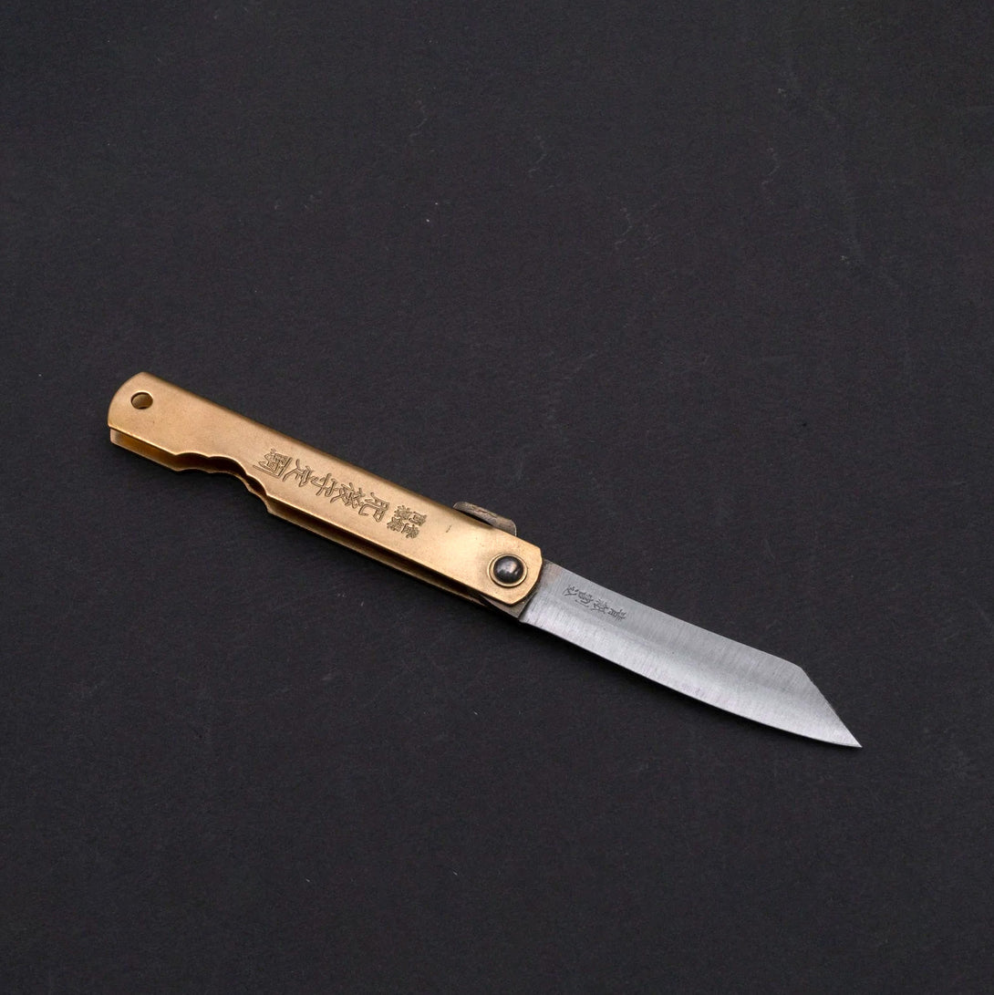 Higonokami Blue Steel Folding Knife Medium Brass Handle - Kamimoto EU