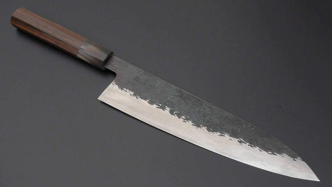 Isamitsu Blue Super Stainless Clad Kurouchi Gyuto 240mm Taihei Makassar Ebony Handle - Kamimoto EU